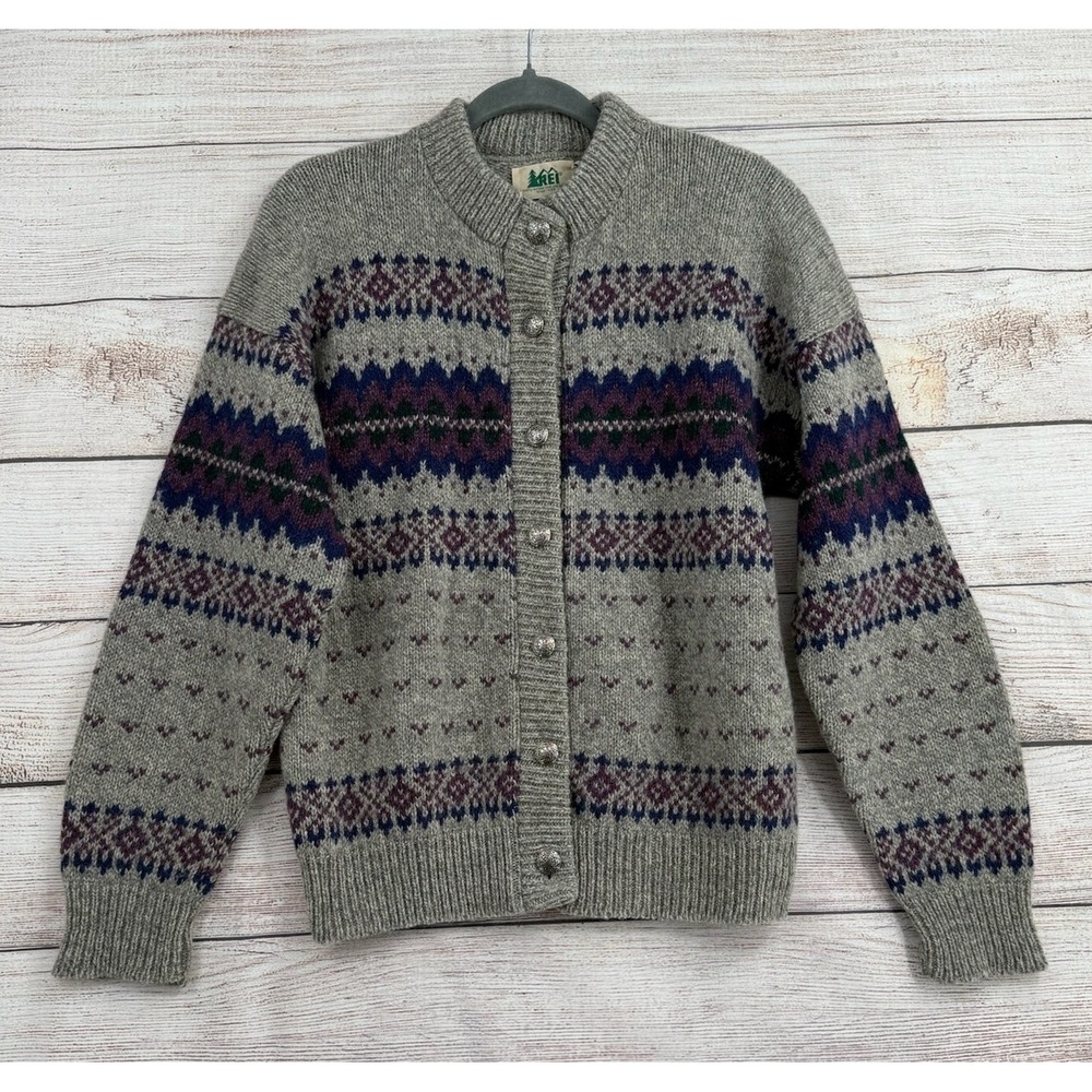 Vintage REI Cardigan Sweater Womens Medium Gray Fair Isle Wool Blend Button Up